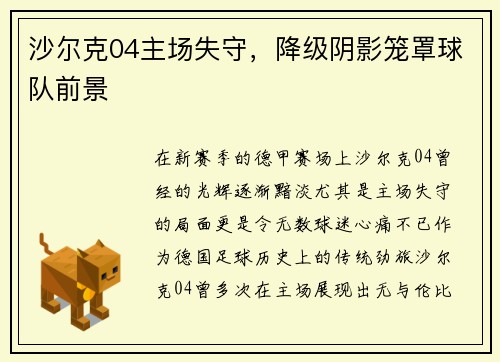 沙尔克04主场失守，降级阴影笼罩球队前景
